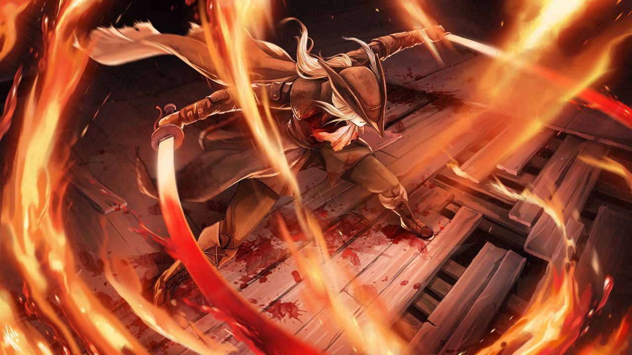 1girl ascot black_headwear blonde_hair blood blood_stain bloodborne coat collar double-blade feathers fighting_stance fire flame gem hat hat_feather holding holding_sword holding_weapon jewelry kalasketch lady_maria_of_the_astral_clocktower long_hair rakuyo_(bloodborne) red_gemstone sword tricorne weapon white_feathers