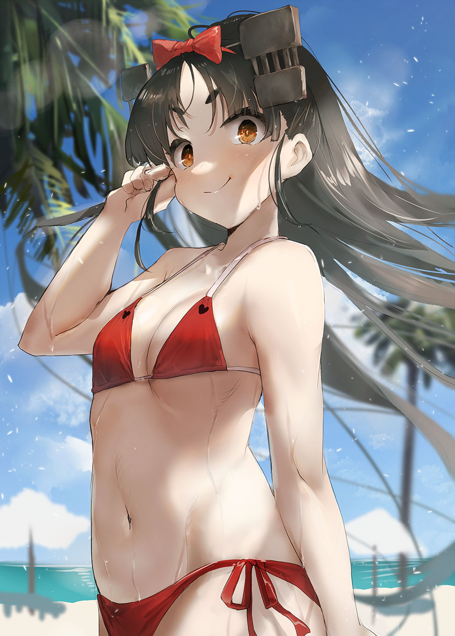 1girl bare_arms bare_legs bare_shoulders beach bikini black_hair brown_eyes closed_mouth day highres kantai_collection long_hair navel nisshin_(kancolle) ocean palm_tree red_bikini smile solo swimsuit toka_(marchlizard) tree upper_body very_long_hair