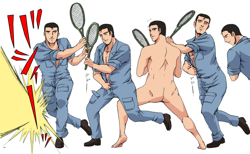 abe_takakazu ass bad_id bad_pixiv_id jaga_note kuso_miso_technique male_focus nude racket tennis tennis_racket unzipped