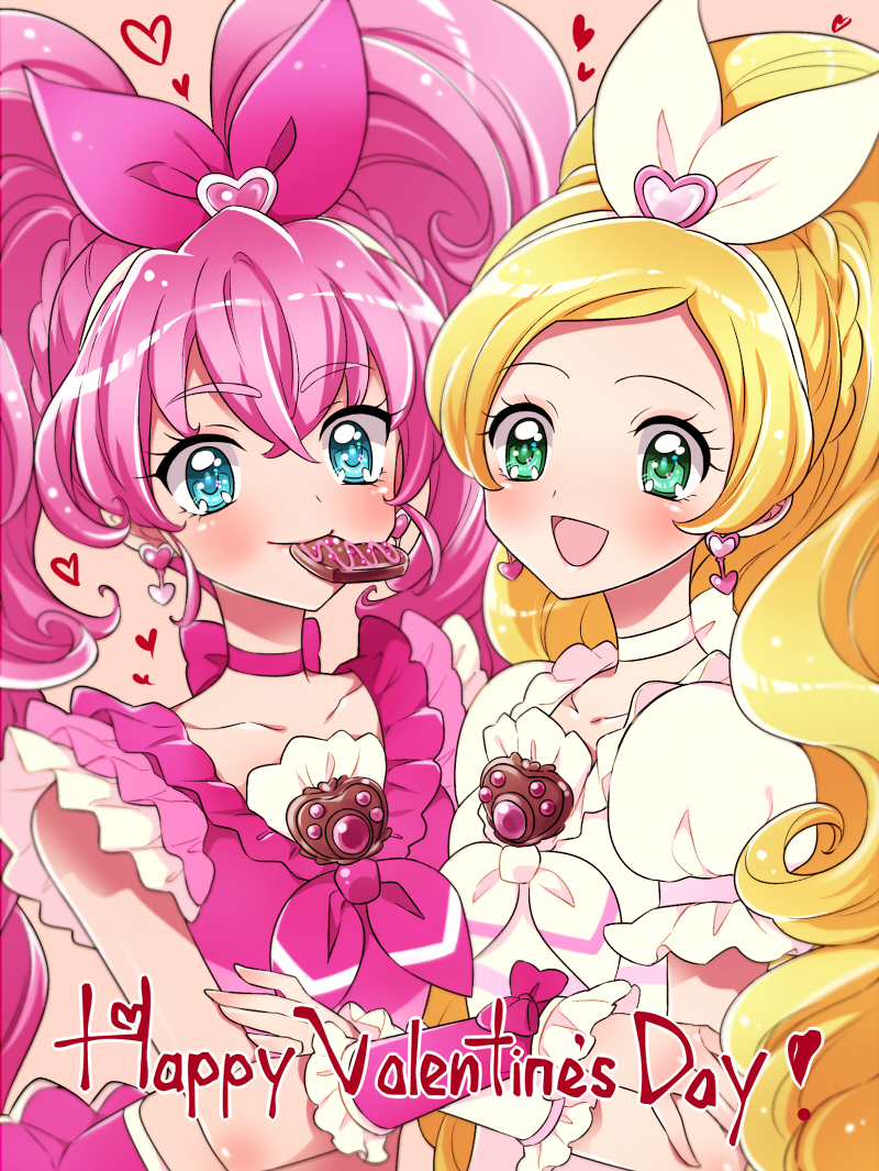 2girls :d blonde_hair blue_eyes blush bow braid chocolate chocolate_heart choker cure_melody cure_rhythm earrings frills green_eyes hair_bow hair_ornament happy_valentine heart heart_earrings heart_hair_ornament houjou_hibiki jewelry kagami_chihiro long_hair looking_at_viewer magical_girl minamino_kanade mouth_hold multiple_girls open_mouth pink_bow pink_hair pink_neckwear precure puffy_sleeves ribbon_choker smile suite_precure twintails upper_body valentine white_bow white_neckwear wrist_cuffs