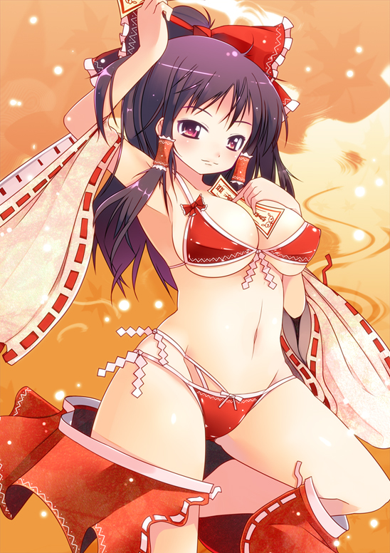 armpits between_breasts bikini black_hair breasts brown_hair detached_sleeves front-tie_top hakurei_reimu ippongui large_breasts lowleg lowleg_bikini red_eyes side-tie_bikini solo swimsuit touhou