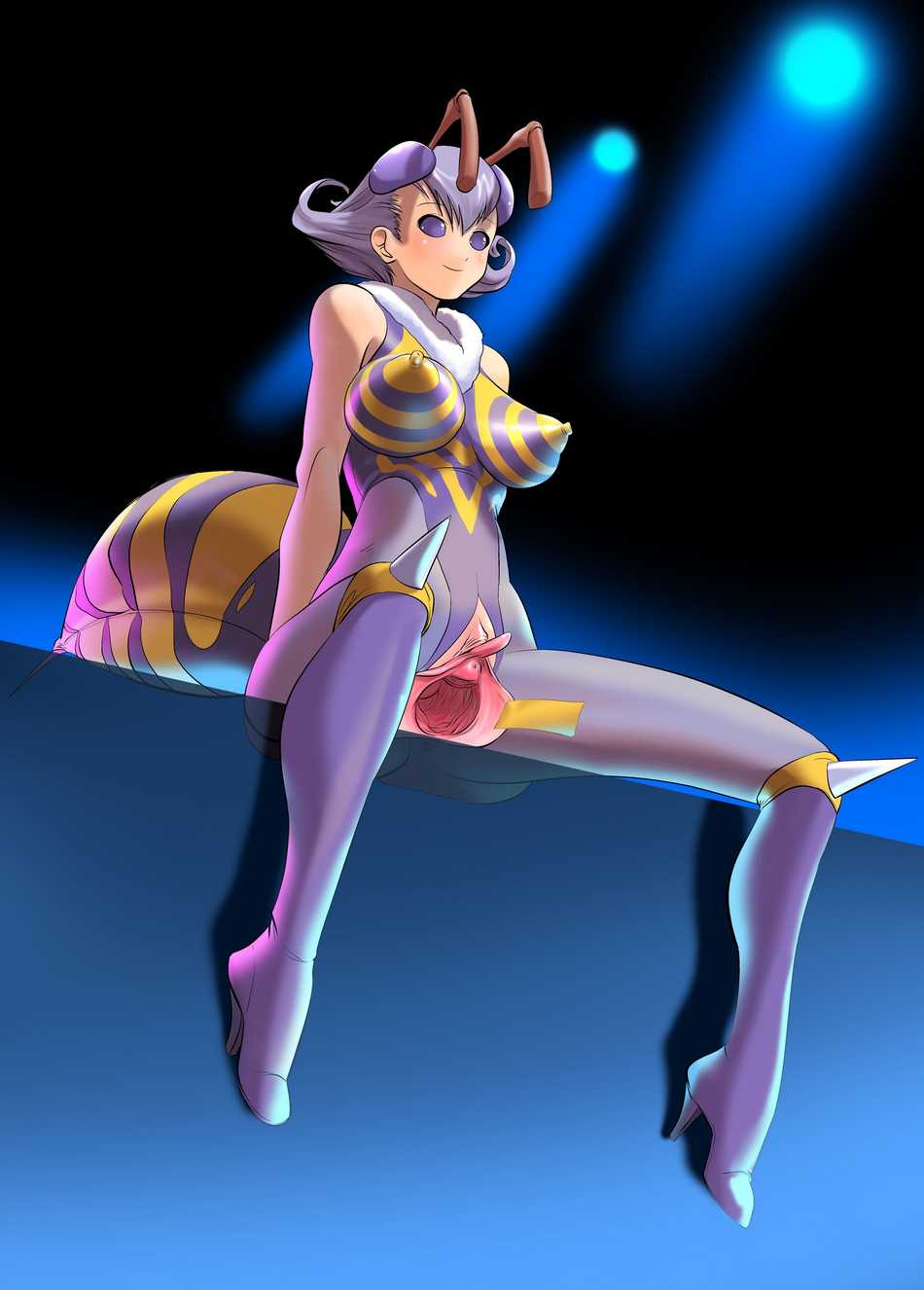 1girl antennae ass bare_shoulders bee bee_girl blush breasts capcom clitoris cosine erect_nipples exhibitionism female full_body gape gaping high_heels highres insect_girl jpeg_artifacts legs monster_girl open_for_all purple_eyes purple_hair pussy q-bee shoes sitting smile solo spread_pussy stage thighs transparent uncensored vampire_(game)