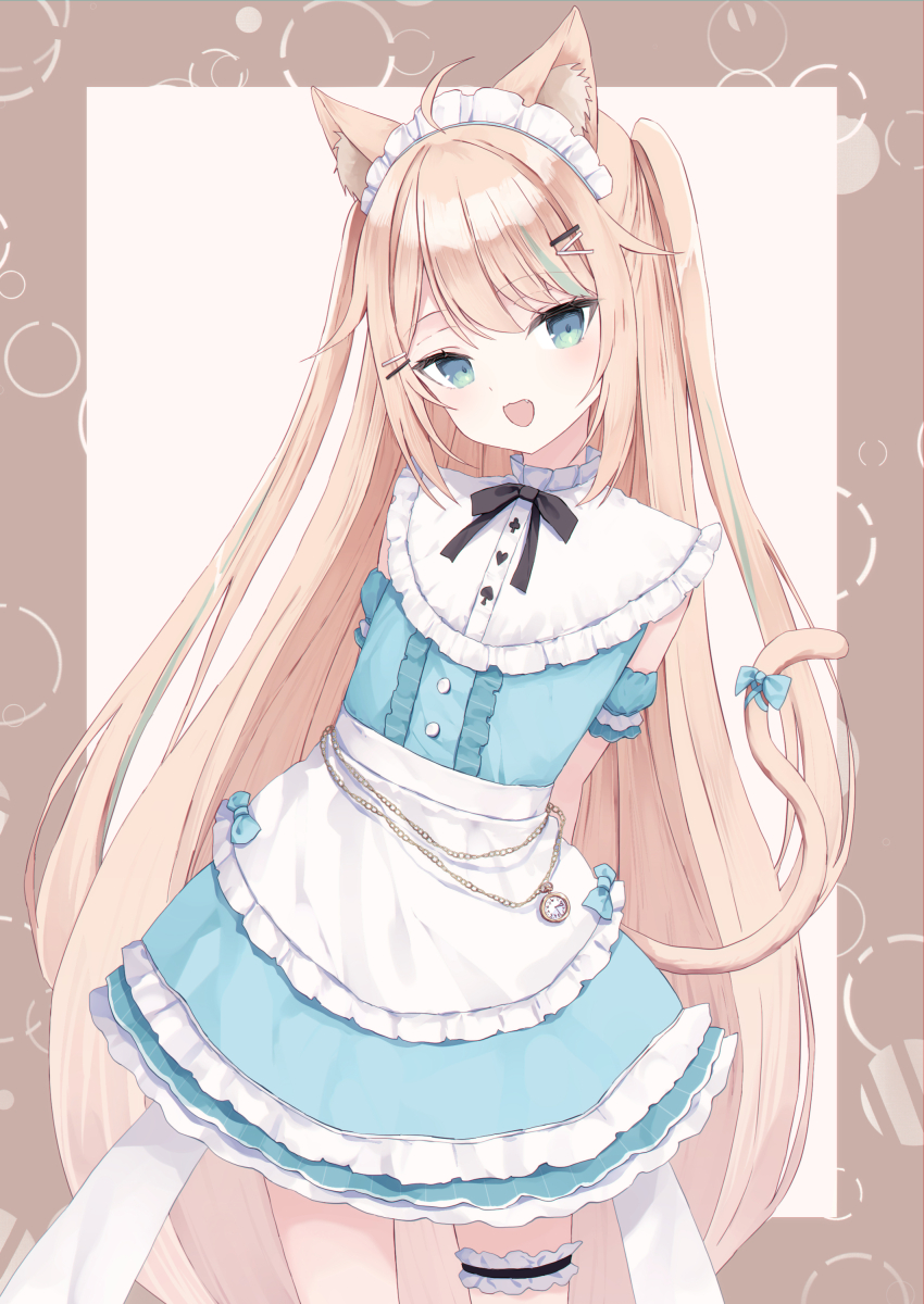 1girl :d animal_ears bangs blonde_hair blue_eyes cat_ears cat_tail character_request commission fang frills hair_ornament hairclip highres long_hair looking_at_viewer open_mouth pixiv_commission smile solo tail usamiusamimii very_long_hair virtual_youtuber watch