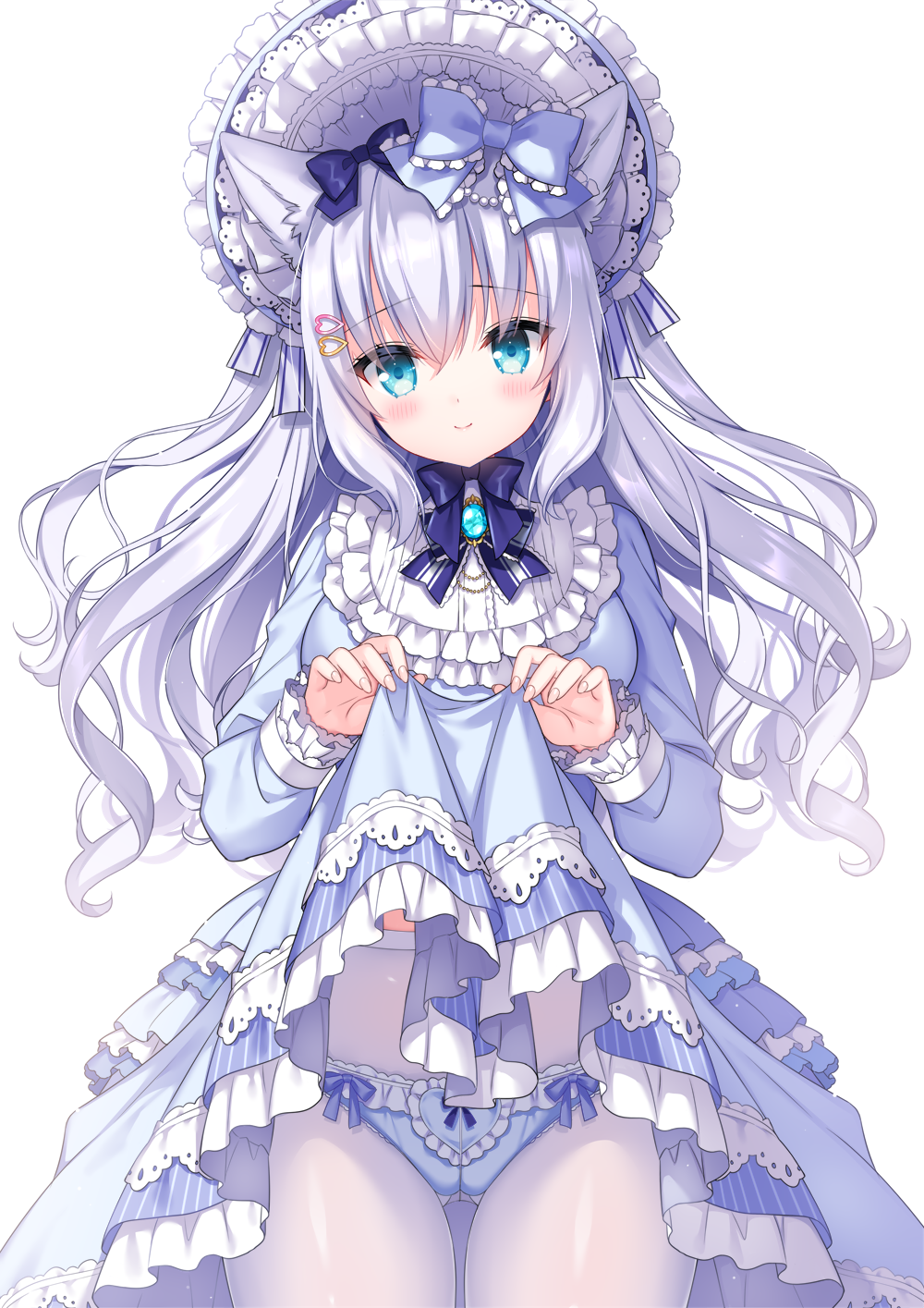 1girl animal_ear_fluff animal_ears ass_visible_through_thighs bangs blue_bow blue_dress blue_eyes blue_panties blush bonnet bow bow_panties closed_mouth clothes_lift commission dress dress_lift frilled_bow frilled_dress frilled_panties frills grey_hair hair_between_eyes hair_bow highres lifted_by_self noripro panties panties_under_pantyhose pantyhose pixiv_commission sakura_neko shirayuki_mishiro smile solo underwear virtual_youtuber white_headwear white_pantyhose