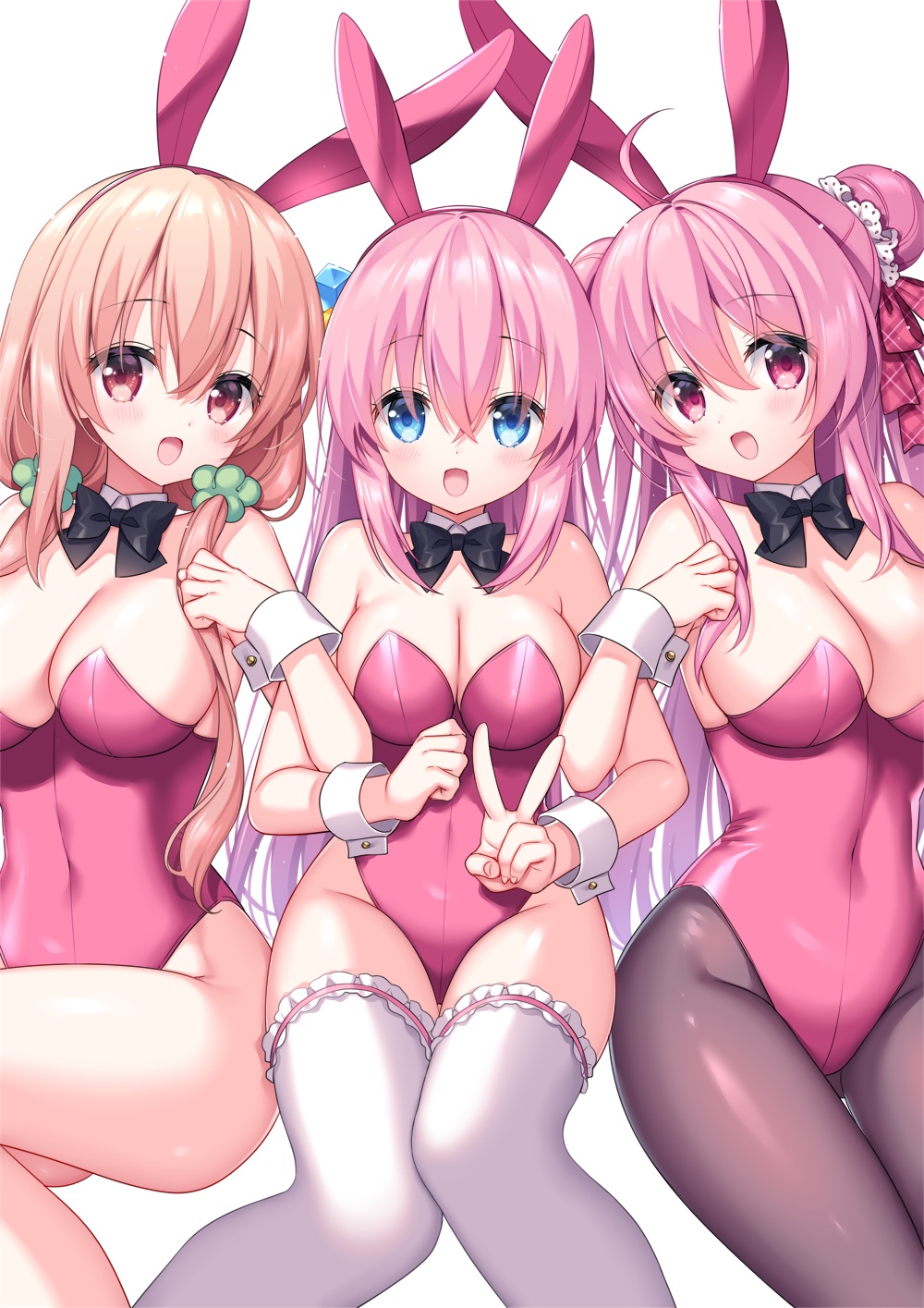 3girls :d ahoge animal_ears bare_shoulders black_bow blue_eyes bocchi_the_rock! bow breasts brown_hair brown_pantyhose cleavage collar commission covered_navel crossover cube_hair_ornament detached_collar double_bun fake_animal_ears gotou_hitori groin hair_bow hair_bun hair_ornament hair_over_shoulder hairband happy_sugar_life highres hinako_note large_breasts leotard locked_arms long_hair low_twintails matsuzaka_satou medium_breasts multiple_crossover multiple_girls pantyhose pink_hair pink_leotard pixiv_commission plaid plaid_bow playboy_bunny rabbit_ears red_bow red_eyes red_hairband sakura_neko sakuragi_hinako simple_background smile strapless strapless_leotard thighhighs twintails v very_long_hair white_background white_collar white_thighhighs wing_collar wrist_cuffs
