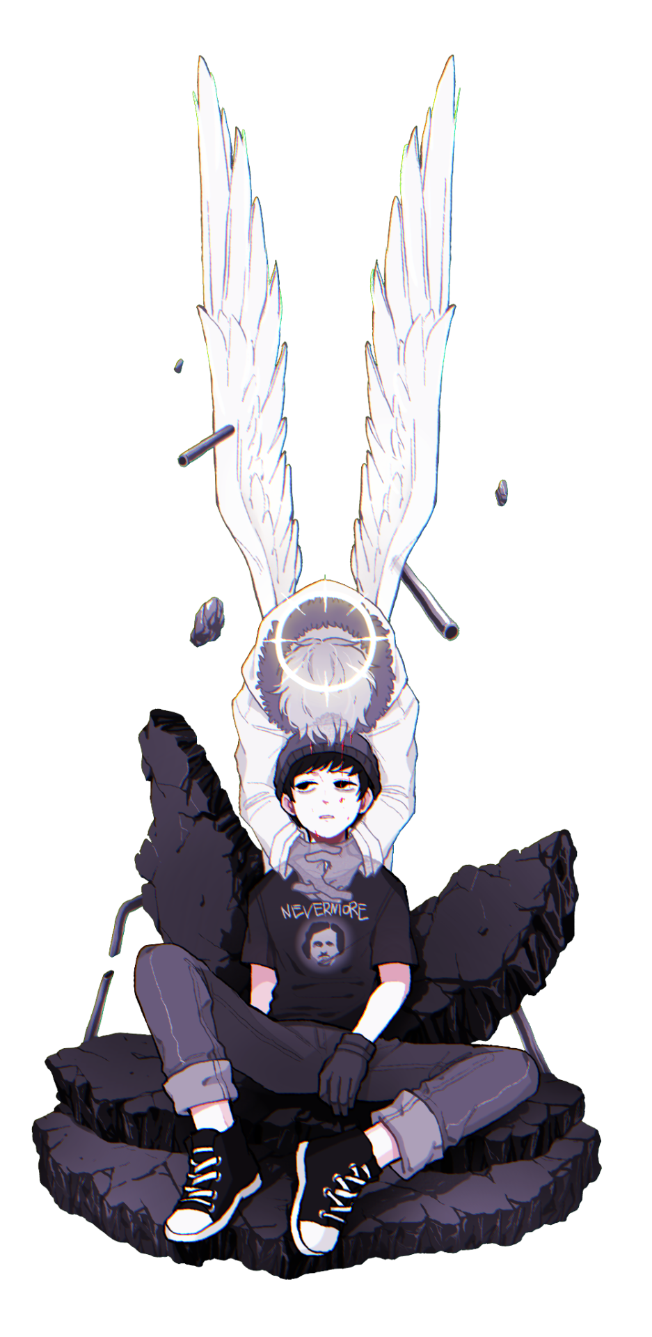 2boys angel_wings beanie black_gloves black_hair blood gloves gothic gummybear2379 halo hat highres kenny_mccormick male_child male_focus multiple_boys pants parted_lips shirt shoes short_sleeves sitting sneakers south_park stan_marsh transparent_background wings yaoi