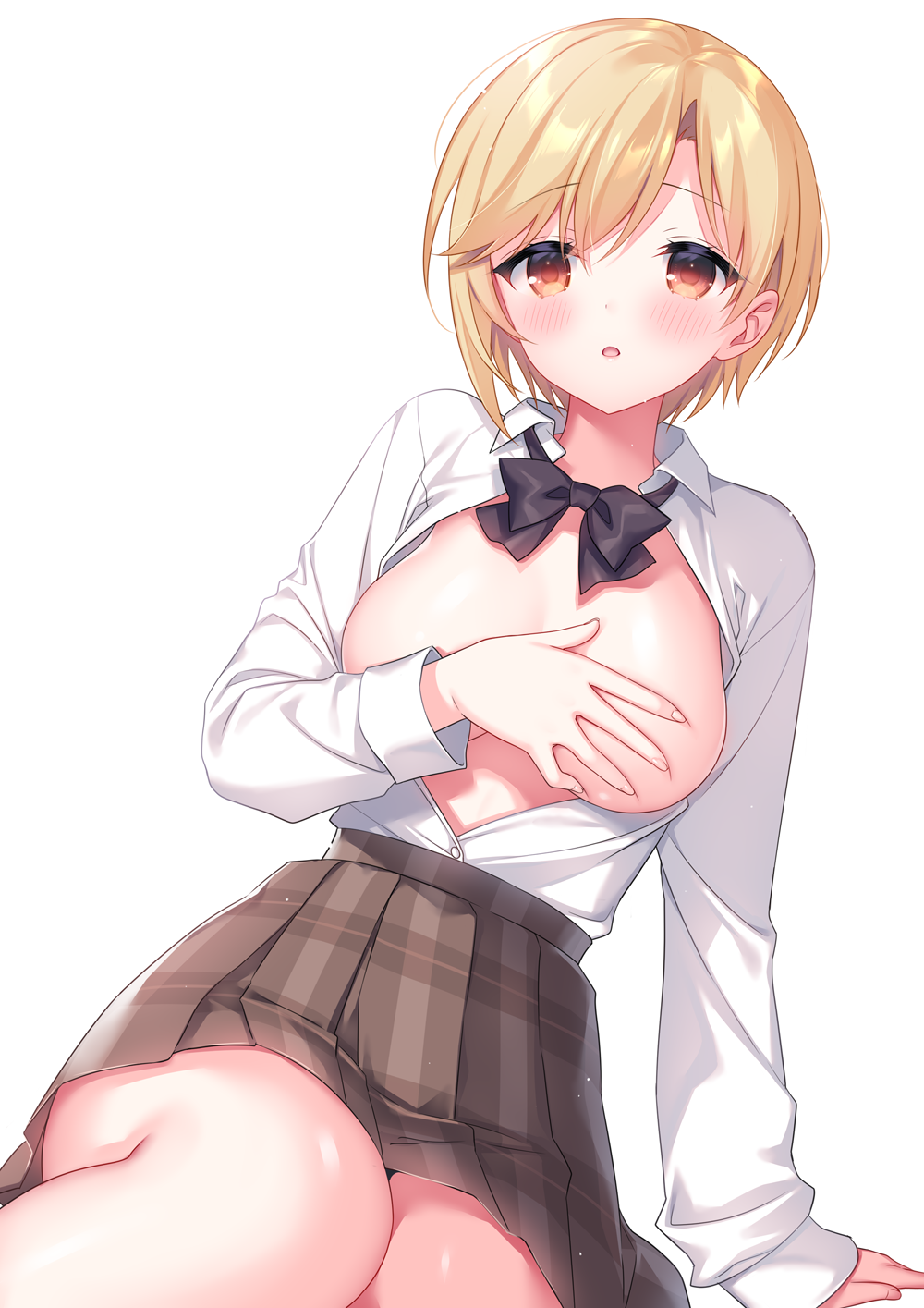 1girl :o arm_support bangs black_bow blonde_hair blush bow breasts breasts_out brown_eyes brown_skirt collared_shirt commission copyright_request covering covering_breasts dress_shirt feet_out_of_frame hair_between_eyes highres long_sleeves looking_at_viewer medium_breasts no_bra open_clothes open_shirt parted_bangs parted_lips pixiv_commission plaid plaid_skirt pleated_skirt sakura_neko school_uniform shirt short_hair simple_background skirt sleeves_past_wrists solo white_background white_shirt