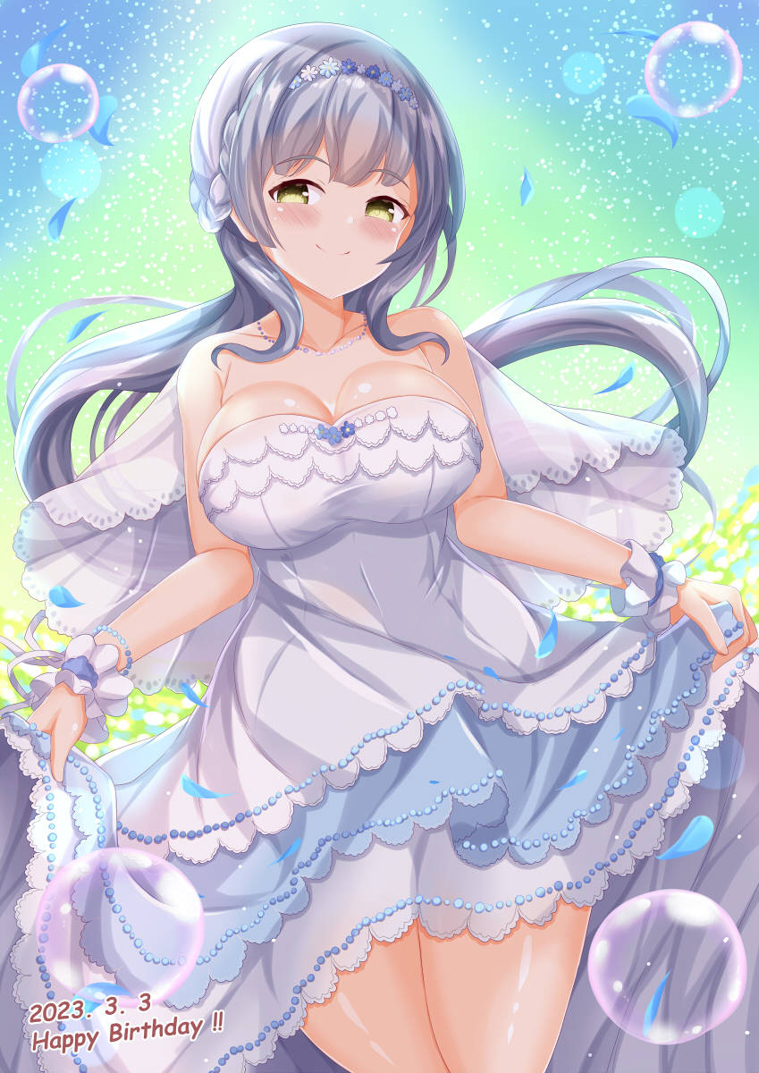 1girl bangs bare_shoulders blue_flower blush braid breasts closed_mouth collarbone commentary_request dated dress flower grey_hair happy_birthday highres kashiwagi_saki large_breasts long_hair ongeki skirt_hold smile solo strapless strapless_dress very_long_hair white_flower wrist_cuffs yellow_eyes zenon_(for_achieve)