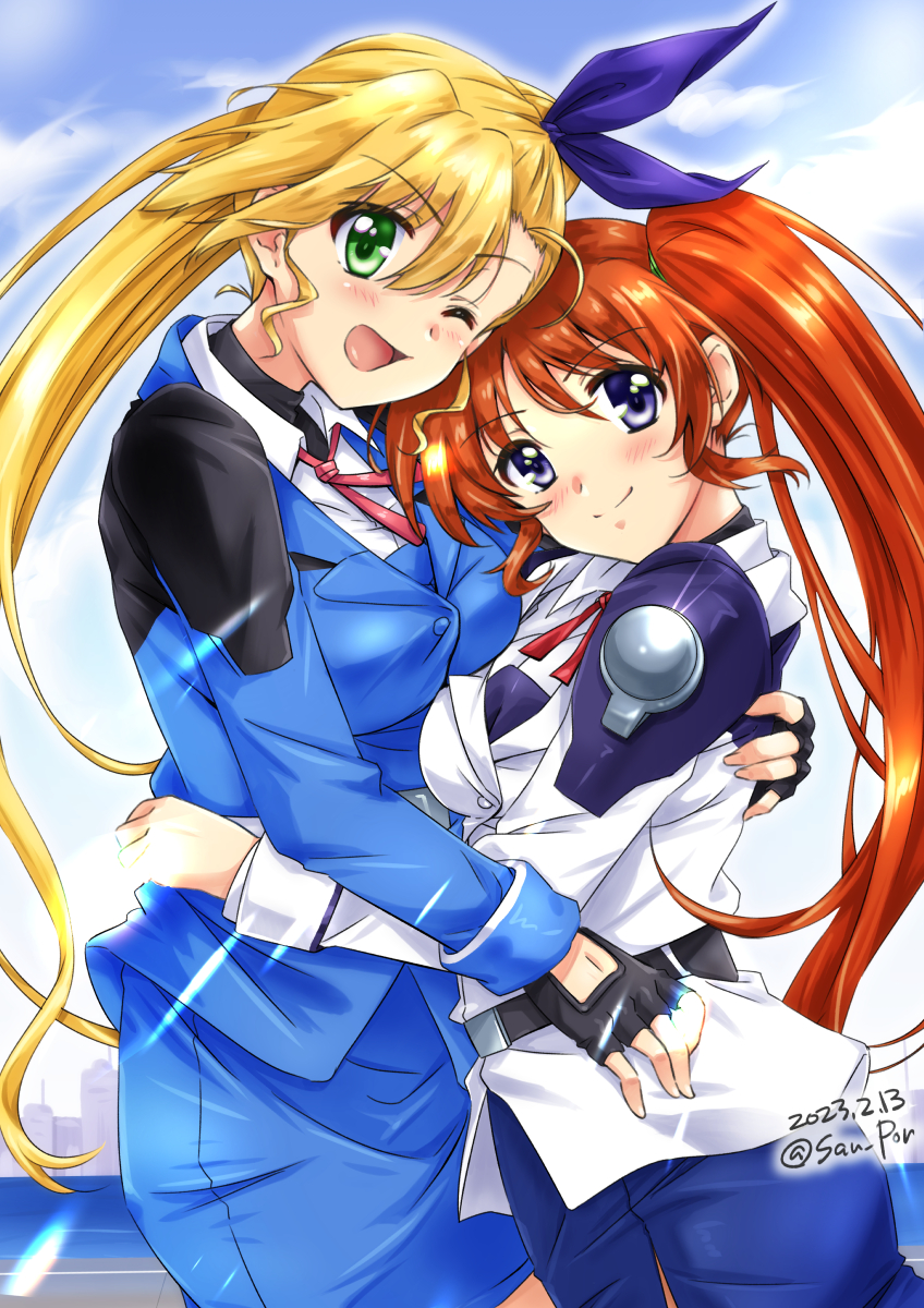 2girls artist_name black_gloves blonde_hair blue_eyes blush breasts brown_hair closed_mouth dated fingerless_gloves gloves green_eyes hair_ribbon highres hug large_breasts long_hair looking_at_viewer lyrical_nanoha mahou_shoujo_lyrical_nanoha_strikers mahou_shoujo_lyrical_nanoha_vivid military military_uniform mother_and_daughter multiple_girls one_eye_closed open_mouth ponytail ribbon san-pon side_ponytail smile takamachi_nanoha tsab_executive_military_uniform uniform vivio