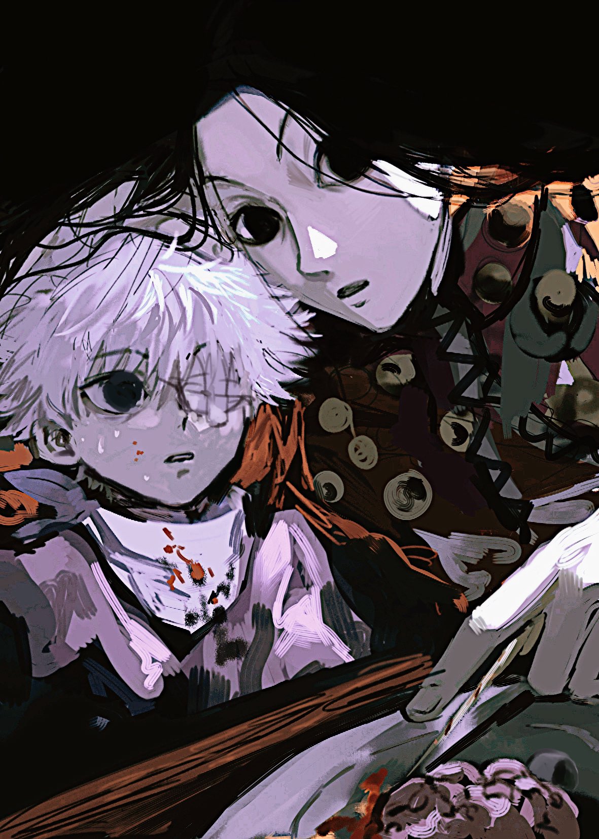 2boys bandages black_eyes black_hair blood blood_on_face blue_eyes brothers commentary_request hand_on_another's_head highres holding holding_knife hunter_x_hunter illumi_zoldyck killua_zoldyck knife long_hair male_focus multiple_boys one_eye_covered parted_lips plate shenshan_laolin shirt short_hair siblings sitting white_hair