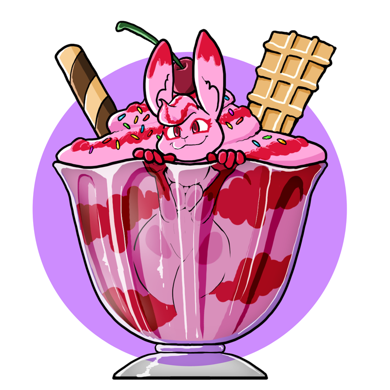 1:1 against_surface anthro breast_squish breasts breasts_on_glass cherry container cup curvaceous curvy_figure dessert featureless_breasts female food food_creature fruit glass huge_thighs ice_cream lagomorph leporid mammal on_glass plant rabbit robcivecat simple_background solo sprinkles squish thick_thighs voluptuous