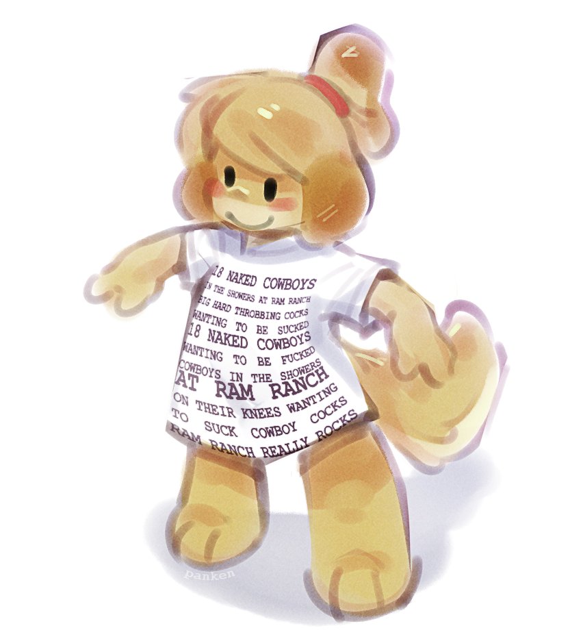 animal_crossing anthro biped black_eyes blonde_hair blush bottomless canid canine canis clothed clothing domestic_dog english_text female fur hair isabelle_(animal_crossing) looking_away mammal nintendo panken shih_tzu shirt simple_background smile solo tail text text_on_clothing text_on_topwear topwear toy_dog white_clothing white_shirt white_topwear yellow_body yellow_fur