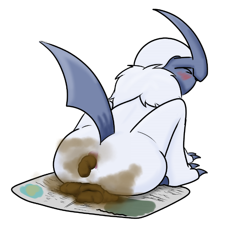 absol ambiguous_gender anus blush butt darktype_(artist) eyes_closed fart feces feral fur generation_3_pokemon grey_body horn madgythumtas newspaper nintendo pokemon pokemon_(species) pooping pooping_on_floor raised_tail scat solo tail thumty white_body white_fur