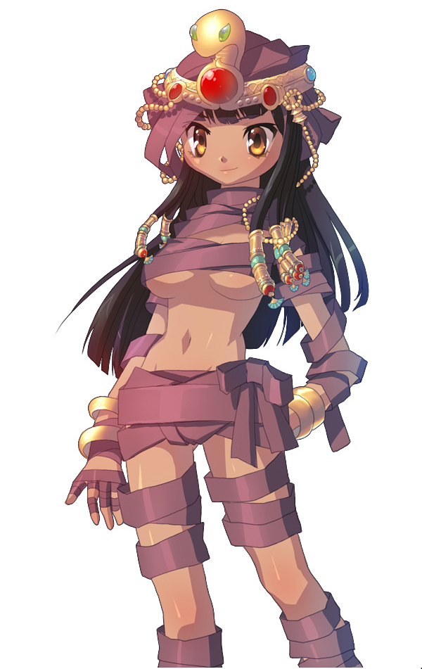 1girl ancient_mummy bandages bangs black_hair blue_gemstone blunt_bangs blush breasts brown_eyes closed_mouth commentary_request crown dark-skinned_female dark_skin feet_out_of_frame gem genderswap genderswap_(mtf) korean_commentary long_hair looking_at_viewer matsuki_ringo medium_breasts midriff mixed-language_commentary mummy navel official_art ragnarok_online red_gemstone simple_background smile solo tan underboob white_background