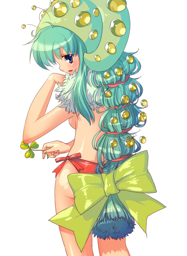 1girl antennae back bangs bikini bikini_bottom_only blue_eyes blush bow breasts clover commentary_request cowboy_shot fabre from_behind green_bow green_hair hair_bow hair_ornament hair_ribbon korean_commentary long_hair looking_at_viewer looking_back matsuki_ringo medium_breasts mixed-language_commentary official_art open_mouth personification ragnarok_online red_bikini red_ribbon ribbon simple_background smile solo swimsuit topless very_long_hair white_background