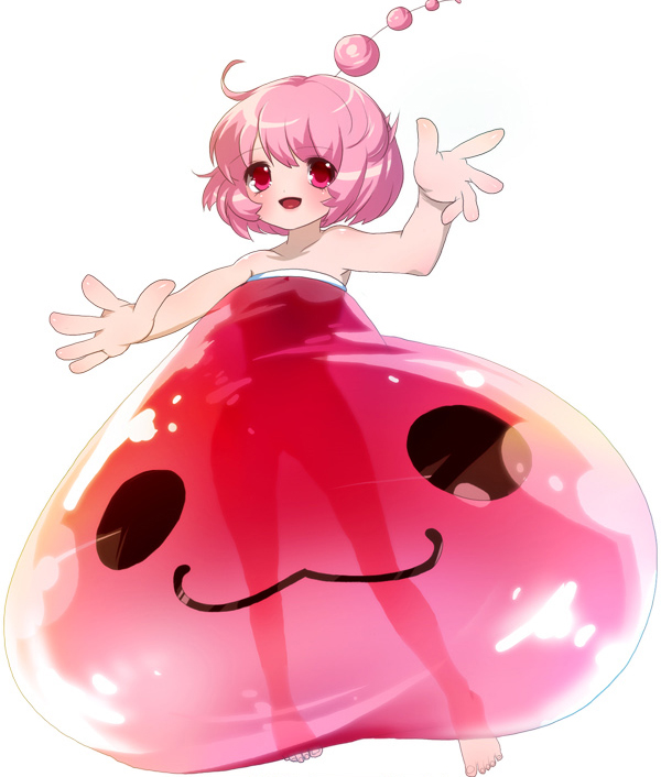 1girl :3 bangs blush commentary_request dress full_body korean_commentary looking_at_viewer matsuki_ringo mixed-language_commentary official_art open_mouth personification pink_dress pink_hair poring ragnarok_online red_eyes see-through see-through_dress short_hair simple_background slime_(creature) smile solo strapless white_background