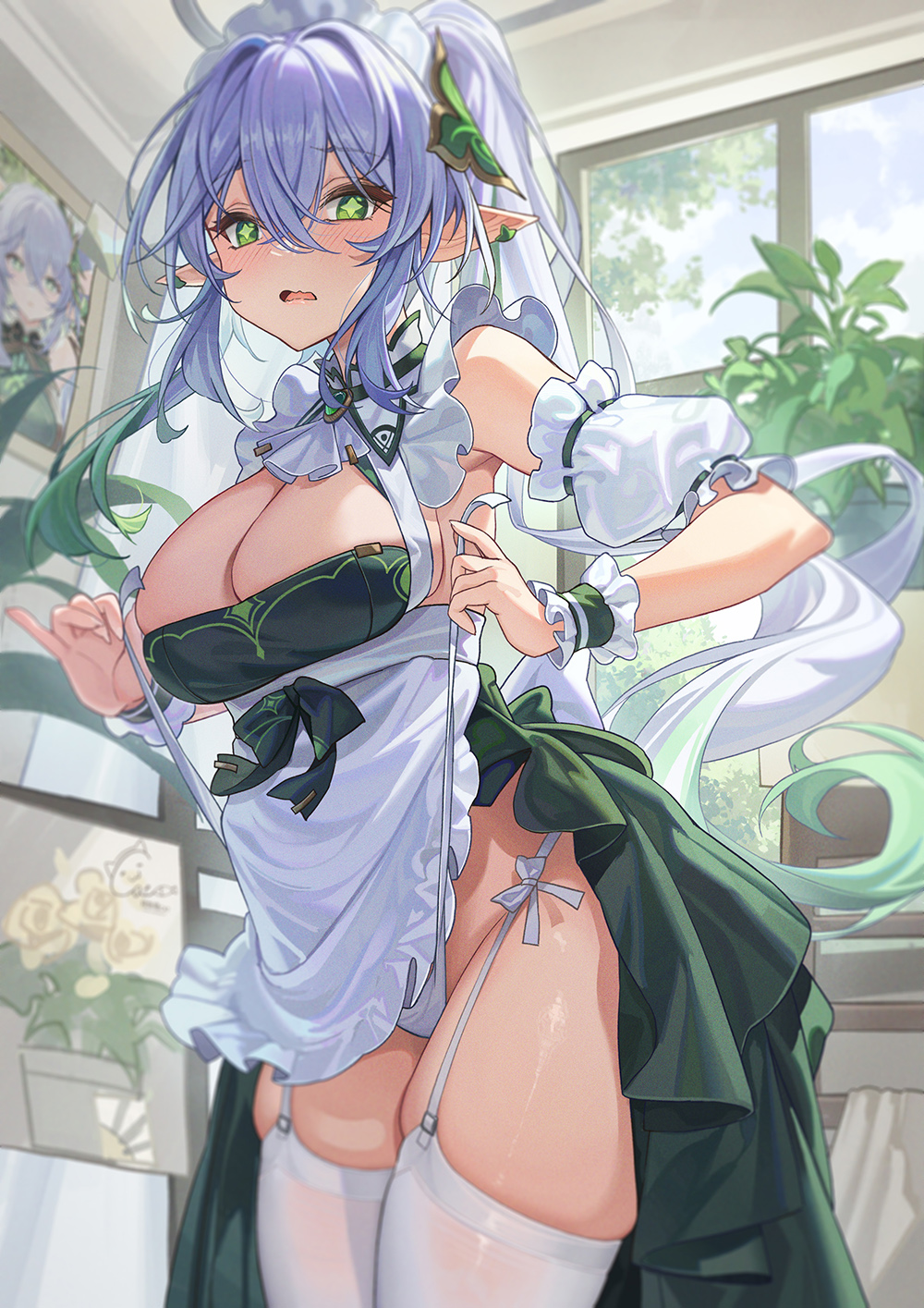 1girl aged_up alternate_costume apron arm_cuffs bangs bare_shoulders blush breasts brooch catsmoon cleavage colored_tips cowboy_shot cross-shaped_pupils detached_sleeves dress earrings enmaided floating_hair frilled_apron frilled_cuffs frilled_sleeves frills garter_straps gem genshin_impact green_dress green_eyes green_gemstone green_hair hair_between_eyes hair_ornament highres holding indoors jewelry large_breasts long_hair looking_at_viewer maid maid_apron multicolored_hair nahida_(genshin_impact) open_mouth panties picture_frame plant pointy_ears potted_plant puffy_short_sleeves puffy_sleeves short_sleeves side-tie_panties sideboob solo string_panties symbol-shaped_pupils thighhighs thighs two-tone_hair underwear untied untied_panties very_long_hair wavy_mouth white_apron white_garter_straps white_sleeves white_thighhighs window