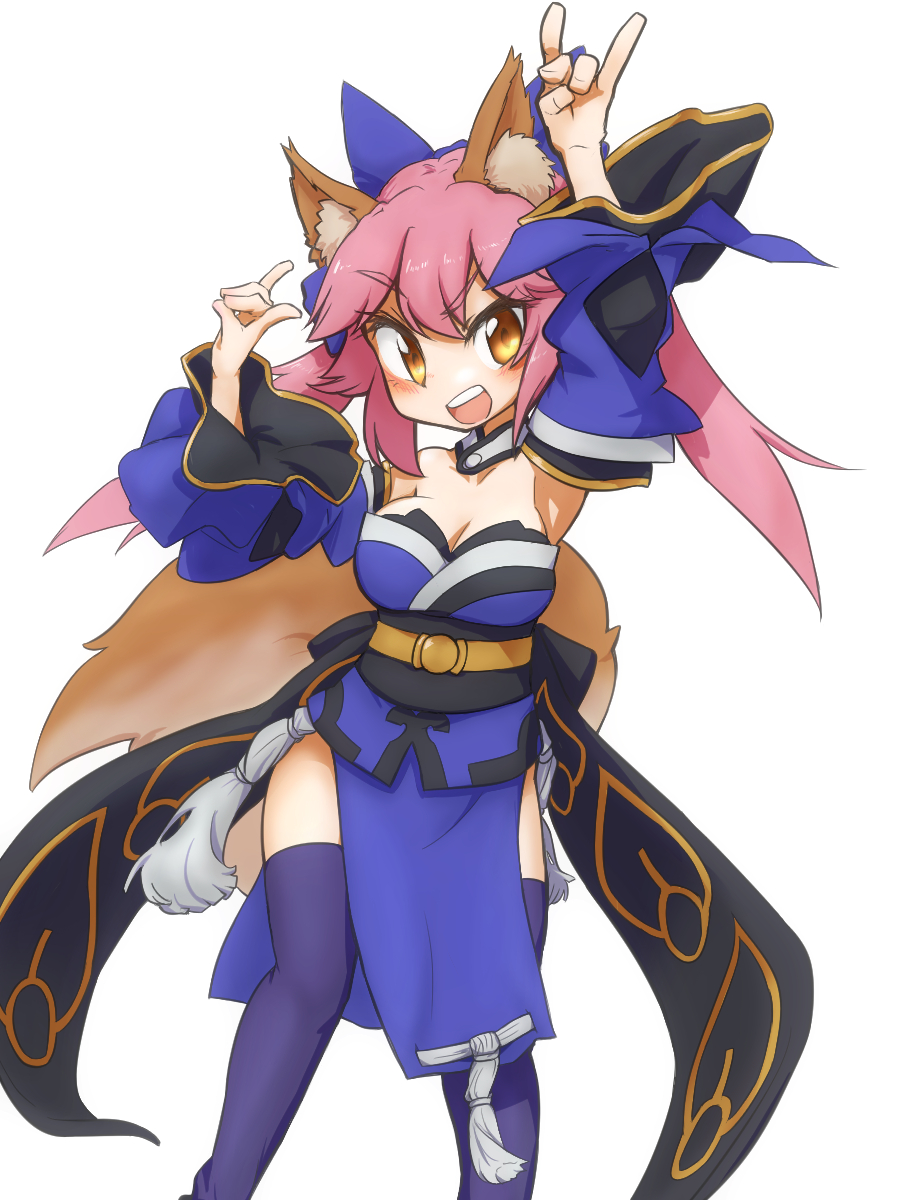 1girl animal_ear_fluff animal_ears bare_shoulders blue_bow blue_kimono blue_thighhighs blush bow breasts cleavage detached_sleeves double_fox_shadow_puppet fate/extra fate/grand_order fate_(series) fox_ears fox_girl fox_shadow_puppet fox_tail highres hiseki_(tknkkm) japanese_clothes kimono large_breasts looking_at_viewer open_mouth pink_hair simple_background solo split_ponytail tail tamamo_(fate) tamamo_no_mae_(fate/extra) thighhighs white_background yellow_eyes