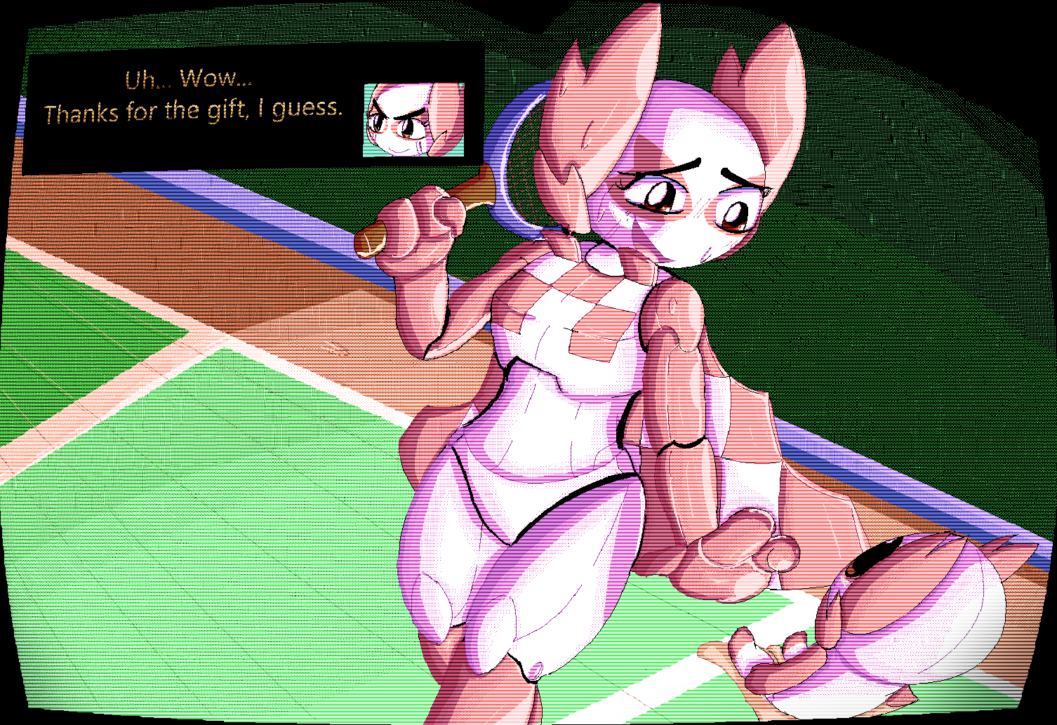 2020_tokyo_olympics 2023 bodily_fluids digital_drawing_(artwork) digital_media_(artwork) duo embarrassed english_text female humanoid lizardfungus machine mascot not_furry olympics plushie red_eyes robot someity sweat sweatdrop tennis_racket text