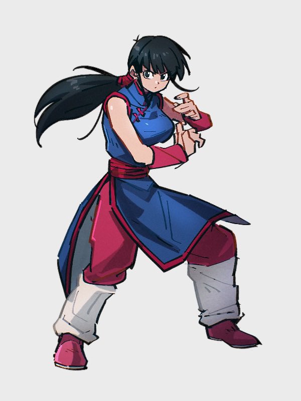 1girl black_eyes black_hair blue_dress chi-chi_(dragon_ball) china_dress chinese_clothes dragon_ball dragon_ball_(classic) dress full_body grey_background kemachiku long_hair looking_at_viewer ponytail simple_background solo standing