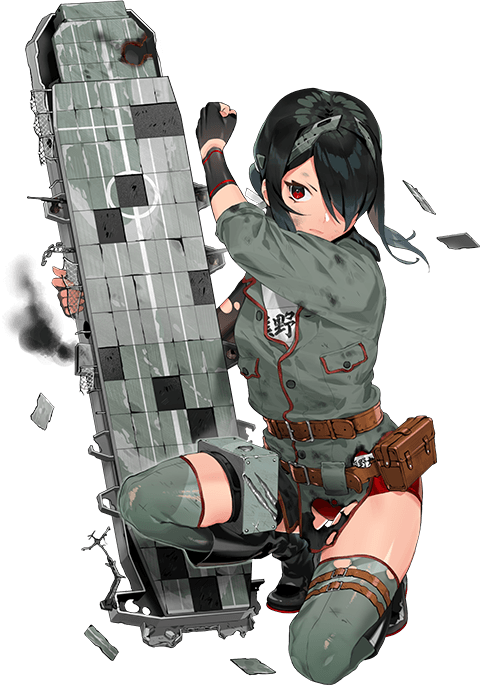 1girl artist_request asymmetrical_legwear belt belt_pouch black_footwear black_gloves black_hair brown_belt buruma fingerless_gloves flight_deck full_body gloves green_thighhighs hair_over_one_eye hair_over_shoulder hair_ribbon kantai_collection kumano_maru_(kancolle) long_hair military military_uniform official_art one_knee over-kneehighs pelvic_curtain pouch red_buruma red_eyes ribbon sidelocks single_over-kneehigh single_thighhigh solo thighhighs third-party_source torn_clothes transparent_background uneven_legwear uniform utility_belt