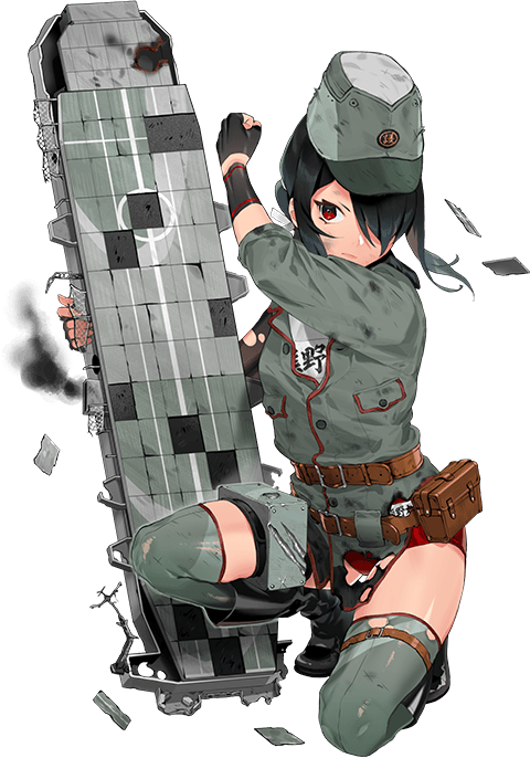 1girl artist_request asymmetrical_legwear belt belt_pouch black_footwear black_gloves black_hair brown_belt buruma fingerless_gloves flight_deck full_body gloves green_thighhighs hair_over_one_eye hair_over_shoulder hair_ribbon hat kantai_collection kumano_maru_(kancolle) long_hair military military_hat military_uniform official_art one_knee over-kneehighs pelvic_curtain pouch red_buruma red_eyes ribbon sidelocks single_over-kneehigh single_thighhigh solo thighhighs third-party_source torn_clothes transparent_background uneven_legwear uniform utility_belt