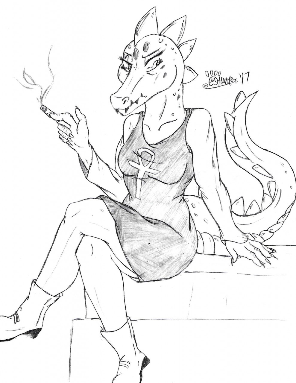 2017 anthro bea_santello boots cigarette cigarette_smoke claws clothing crocodilian crossed_legs dress fangs female footwear hi_res holding_cigarette holding_object looking_away marcushunter mouth_closed night_in_the_woods raised_tail reptile scales scalie signature sitting solo tail teeth
