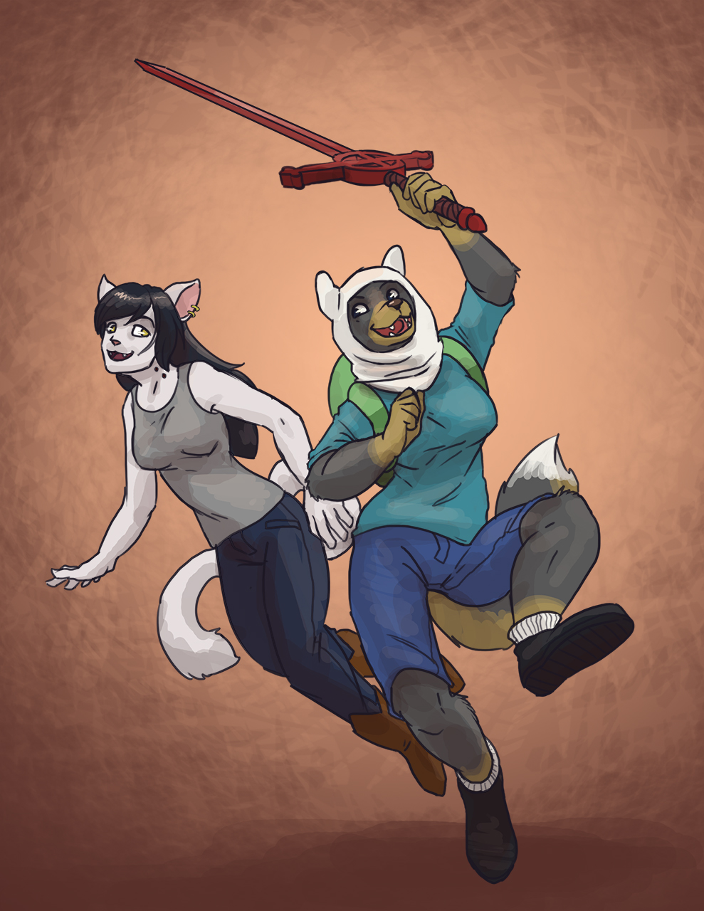adventure_time anthro border_collie canid canine canis cartoon_network collie cosplay domestic_cat domestic_dog duo ear_piercing eliza_edington felid feline felis female female/female finn_the_human herding_dog hi_res mammal marceline_abadeer melee_weapon pastoral_dog piercing sheepdog sword thestory verloren weapon