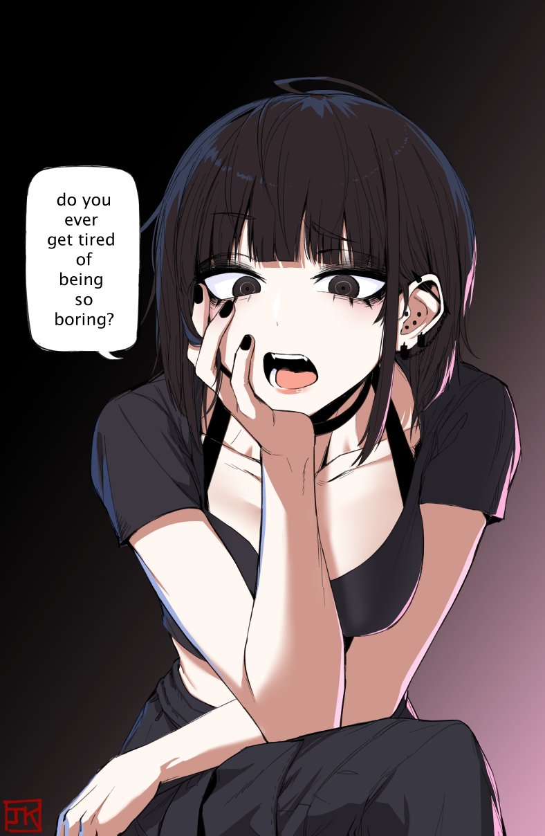 1girl bangs black_choker black_eyes black_hair black_nails blunt_bangs bob_cut bra_strap breasts choker cropped_shirt english_text gradient_background highres j.k. june_kim looking_at_viewer medium_breasts ringed_eyes signature solo speech_bubble teeth