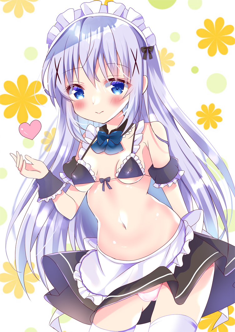 1girl alternate_costume apron ass_visible_through_thighs bangs bare_shoulders bikini bitter_crown black_skirt black_sleeves blue_bow blue_eyes blue_hair blush bow breasts closed_mouth commentary_request covered_nipples detached_sleeves enmaided floral_background frilled_apron frilled_bikini frilled_sleeves frills gochuumon_wa_usagi_desu_ka? hair_ornament hand_up heart kafuu_chino long_hair looking_at_viewer maid maid_bikini maid_headdress navel panties pleated_skirt puffy_short_sleeves puffy_sleeves short_sleeves simple_background skirt small_breasts smile solo swimsuit thighhighs underwear very_long_hair waist_apron white_apron white_background white_panties white_thighhighs wrist_cuffs x_hair_ornament