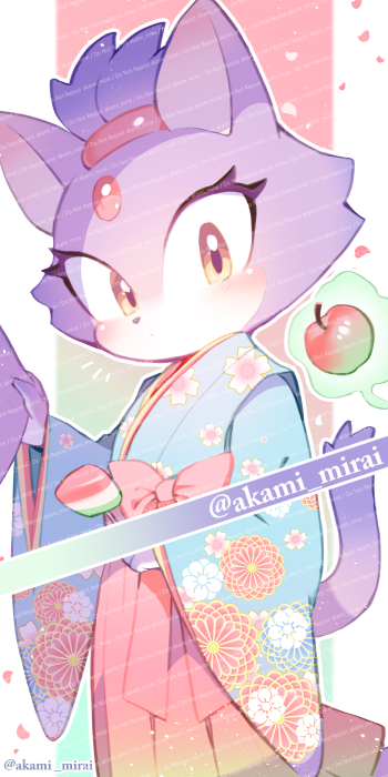 1girl animal_ears animal_nose apple aqua_background artist_name belt blaze_the_cat blue_kimono blue_shirt blush border bow cat_ears cat_girl cat_tail closed_mouth commentary_request eyelashes floral_print flower food forehead_jewel fruit furry furry_female gem gradient_background green_background hands_up holding holding_food iiimirai japanese_clothes kimono looking_away multicolored_background multicolored_clothes multicolored_kimono outside_border pink_background pink_belt pink_bow pink_flower pink_gemstone pink_kimono pink_skirt purple_fur shirt skirt solo sonic_(series) standing tail telekinesis watermark white_border white_flower yellow_eyes