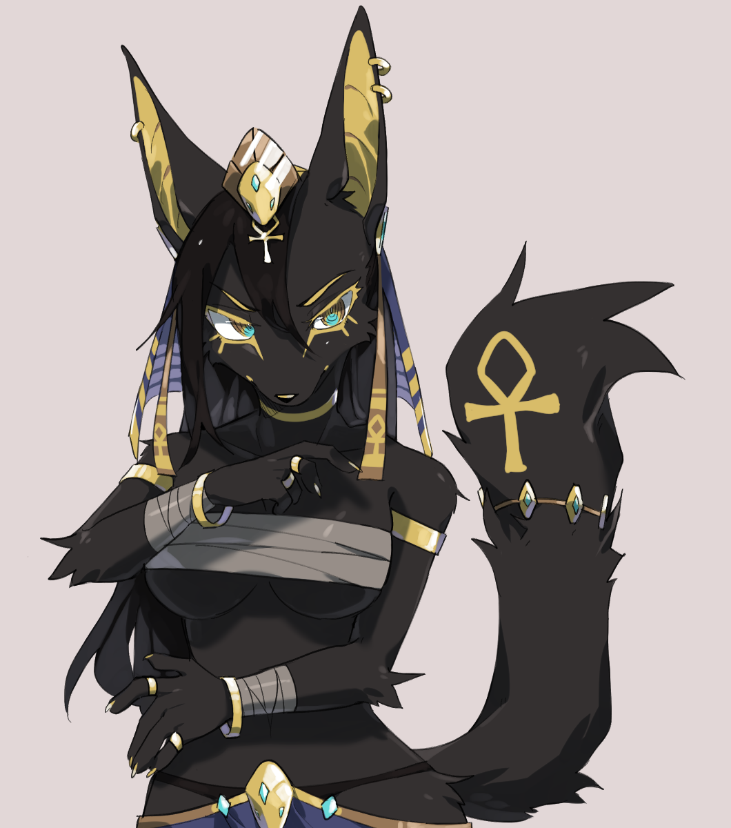 accessory ankh anthro anubian_jackal bandage bandaged_arm bandaged_chest black_body black_fur black_hair bracelet breasts canid canine canis claws cleavage clothed clothing crown digital_media_(artwork) ear_piercing female finger_claws fluffy fluffy_tail fur furgonomics gold_markings gold_ring hair half-length_portrait headgear hi_res jackal jewelry kaltespur mammal markings piercing portrait raised_tail ring ring_piercing simple_background skimpy solo tail tail_accessory tiara under_boob yellow_eyes yellow_markings