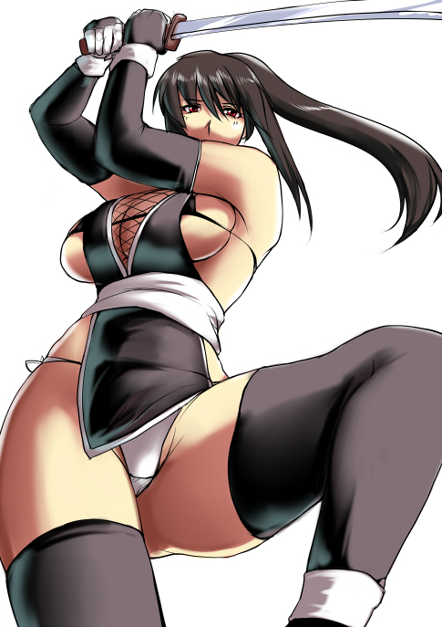 black_hair breasts bursting_breasts elbow_gloves fishnets gloves large_breasts ninja original panties ponytail saruanu solo thighhighs underwear white_panties