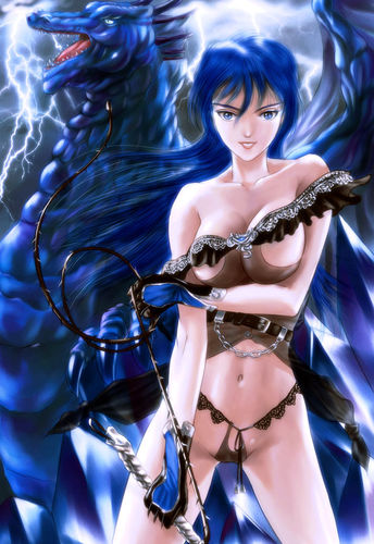 blue_hair dragon lightning lowres revealing_outfit s_zenith_lee sleeve_off_shoulder whip