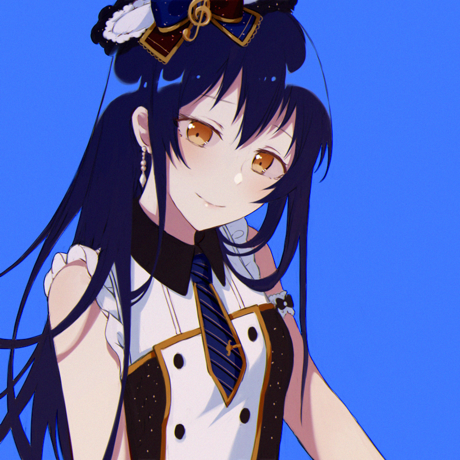 1girl bangs blue_background blue_hair cafe_maid earrings hair_between_eyes hat jewelry long_hair looking_at_viewer love_live! love_live!_school_idol_festival love_live!_school_idol_project mini_hat necktie simple_background sleeveless smile solo sonoda_umi striped striped_neckwear tohoko_kiri treble_clef upper_body yellow_eyes