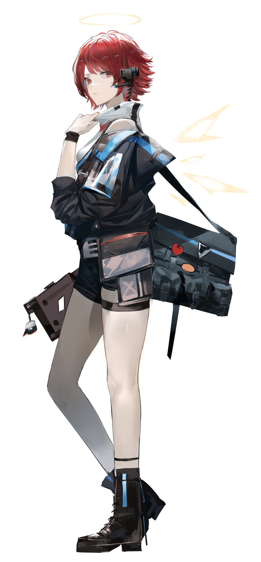 1girl arknights bag black_footwear black_jacket black_shorts blazpu boots brown_eyes commission detached_wings earpiece exusiai_(arknights) exusiai_(midnight_delivery)_(arknights) full_body halo highres jacket official_alternate_costume parted_lips red_hair shirt short_hair shorts simple_background solo white_background white_shirt wings
