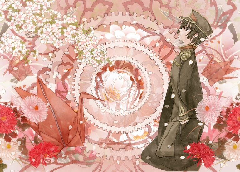 1boy axis_powers_hetalia bangs black_coat black_eyes black_hair black_headwear black_pants black_shirt branch closed_mouth coat commentary_request epaulettes expressionless falling_petals flower from_side full_body gears hair_between_eyes hat japan_(hetalia) kneeling leaf looking_afar looking_up male_focus military military_uniform mukimei origami pants paper_crane peaked_cap petals pink_flower profile red_flower shirt short_hair sleeves_past_wrists solo uniform white_flower