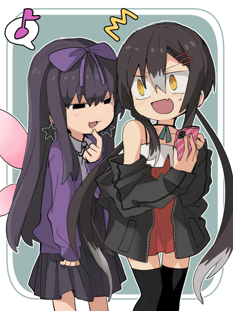 2girls :d ^^^ bangs black_hair black_jacket black_ribbon black_skirt black_thighhighs blush bow cellphone collared_shirt commentary_request cookie_(touhou) dress earrings fairy_wings fang feet_out_of_frame flat_chest grey_hair hair_bow hair_ornament hairclip holding holding_phone jacket jewelry long_hair looking_at_another multicolored_hair multiple_girls musical_note nahori_(hotbeans) neck_ribbon off_shoulder open_clothes open_jacket open_mouth phone pleated_skirt purple_bow purple_jacket red_dress ribbon shirt shunga_youkyu skin_fang skirt sleeveless sleeveless_dress smartphone smile spaghetti_strap spoken_musical_note star_(symbol) star_earrings star_sapphire thighhighs touhou two-tone_hair very_long_hair white_shirt wings yellow_eyes yuyusu_(cookie)