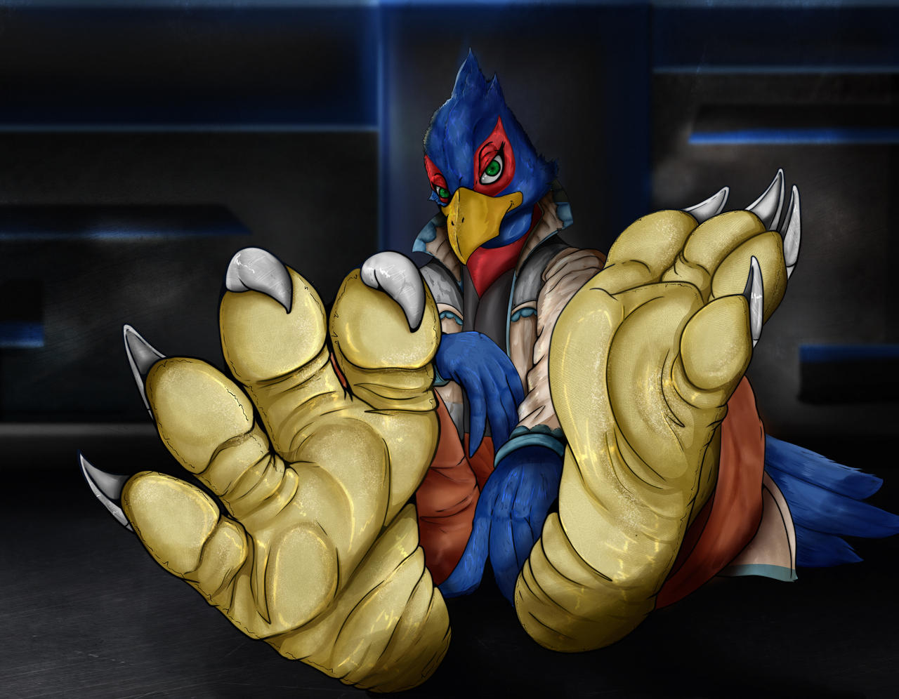 2023 4_toes 5_fingers anthro avian barefoot beak bird blue_body blue_feathers bottomwear claws clothing falco_lombardi falcon falconid feathers feet fingers foot_fetish foot_focus green_eyes grey_clothing grey_jacket grey_topwear inside jacket looking_at_viewer male nintendo pants red_body red_bottomwear red_clothing red_feathers red_pants robinthefox sitting sitting_on_ground soles solo star_fox talons toe_claws toes topwear white_talons winged_arms wings wrinkle wrinkled_feet wrinkled_soles wrinkles yellow_beak yellow_feet