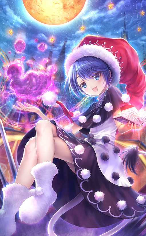 1girl amusement_park black_capelet black_dress blue_eyes blue_hair blush book capelet castle crossed_legs doremy_sweet dress ferris_wheel full_moon fuzzy_footwear goto_p grimoire half-closed_eyes hat holding holding_book looking_at_viewer moon night night_sky nightcap official_art open_book open_mouth pom_pom_(clothes) red_headwear roller_coaster short_hair sitting sky sleeveless sleeveless_dress slime_(substance) smile socks star_(sky) star_(symbol) tail telekinesis third-party_source touhou touhou_cannonball turtleneck_dress two-tone_dress very_short_hair white_dress white_socks