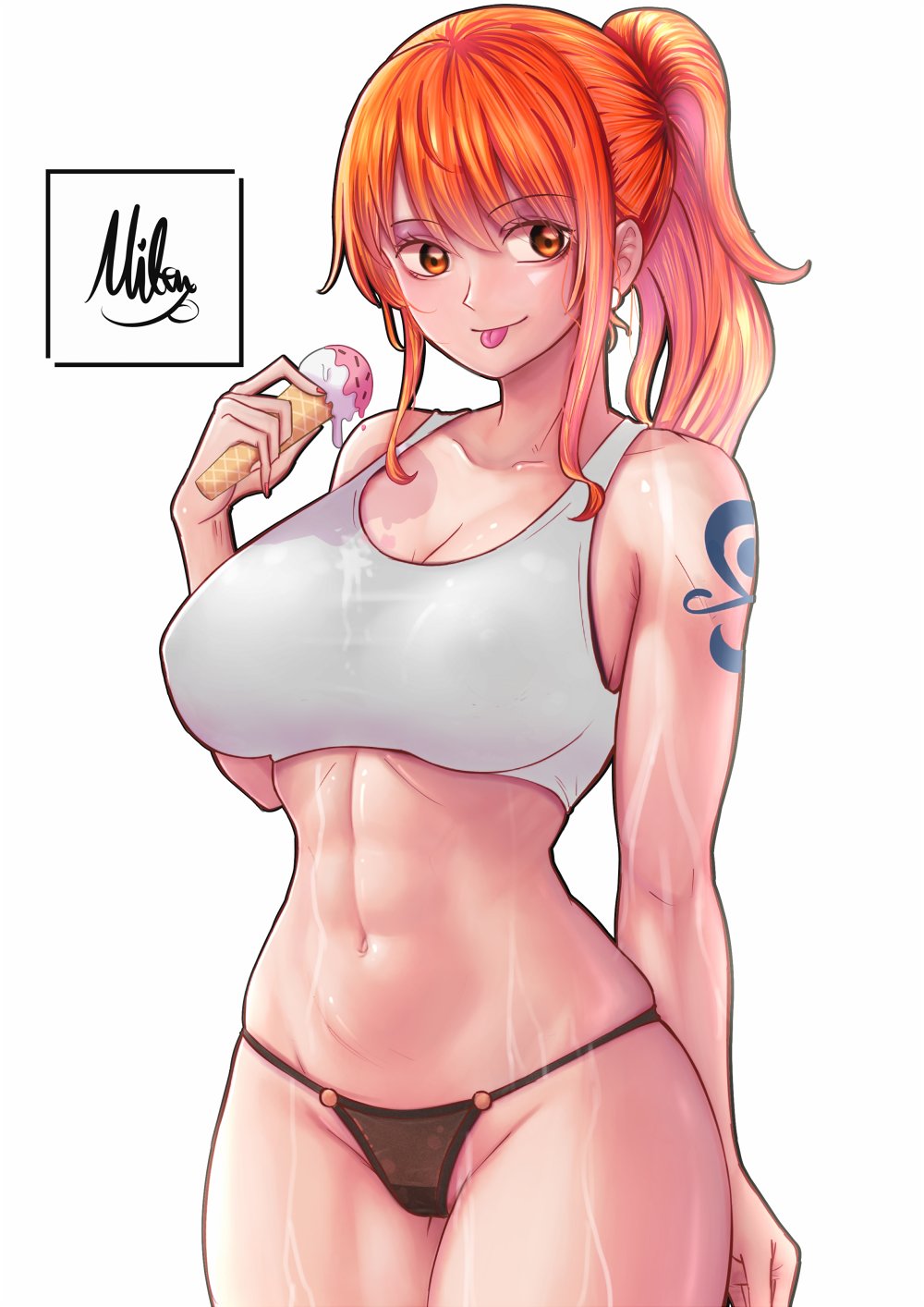 1girl abs alternate_costume black_panties blue_tattoo bra breasts food highres holding holding_food ice_cream ice_cream_cone large_breasts looking_to_the_side micro_panties mifenami nami_(one_piece) one_piece orange_eyes orange_hair panties ponytail shoulder_tattoo signature simple_background sweat tattoo tongue tongue_out underwear white_background white_bra