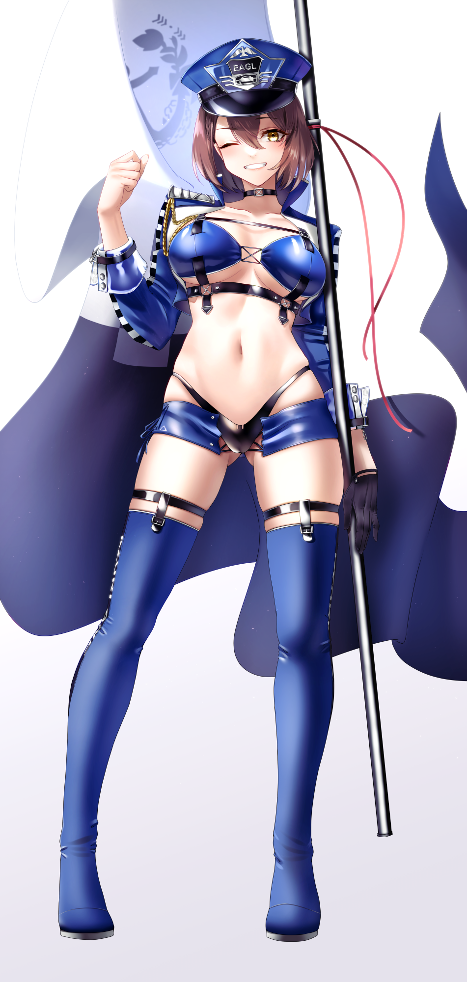 1girl azur_lane baltimore_(azur_lane) baltimore_(finish_line_flagbearer)_(azur_lane) bikini black_bikini black_choker black_gloves blue_bikini blue_footwear blue_headwear blue_jacket blue_shorts boots braid breasts brown_hair chest_harness choker cleavage clenched_hand collarbone commentary cropped_jacket flag french_braid full_body gloves grin hair_between_eyes hand_up harness hat highleg highleg_bikini highres holding holding_pole jacket large_breasts looking_at_viewer lyche_(cramcell) micro_shorts mismatched_bikini navel o-ring o-ring_top official_alternate_costume one_eye_closed open_clothes open_jacket peaked_cap pole race_queen revision short_hair shorts sidelocks signature simple_background single_glove skindentation smile solo standing stomach swimsuit teeth thigh_boots thigh_strap underbust white_background yellow_eyes