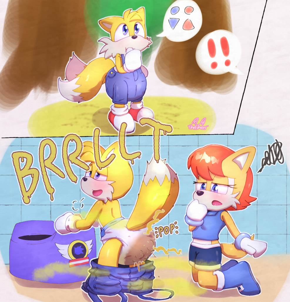 archie_comics bodily_fluids bottomwear bottomwear_down clothed clothing diaper diaper_under_clothing diaper_use duo feces female genital_fluids male male/female miles_prower omorashi onechan pants pants_down partially_clothed pooping potty potty_chair potty_training sally_acorn scat sega sonic_the_hedgehog_(archie) sonic_the_hedgehog_(comics) sonic_the_hedgehog_(series) urine watersports wearing_diaper wet_diaper wetting wetting_diaper