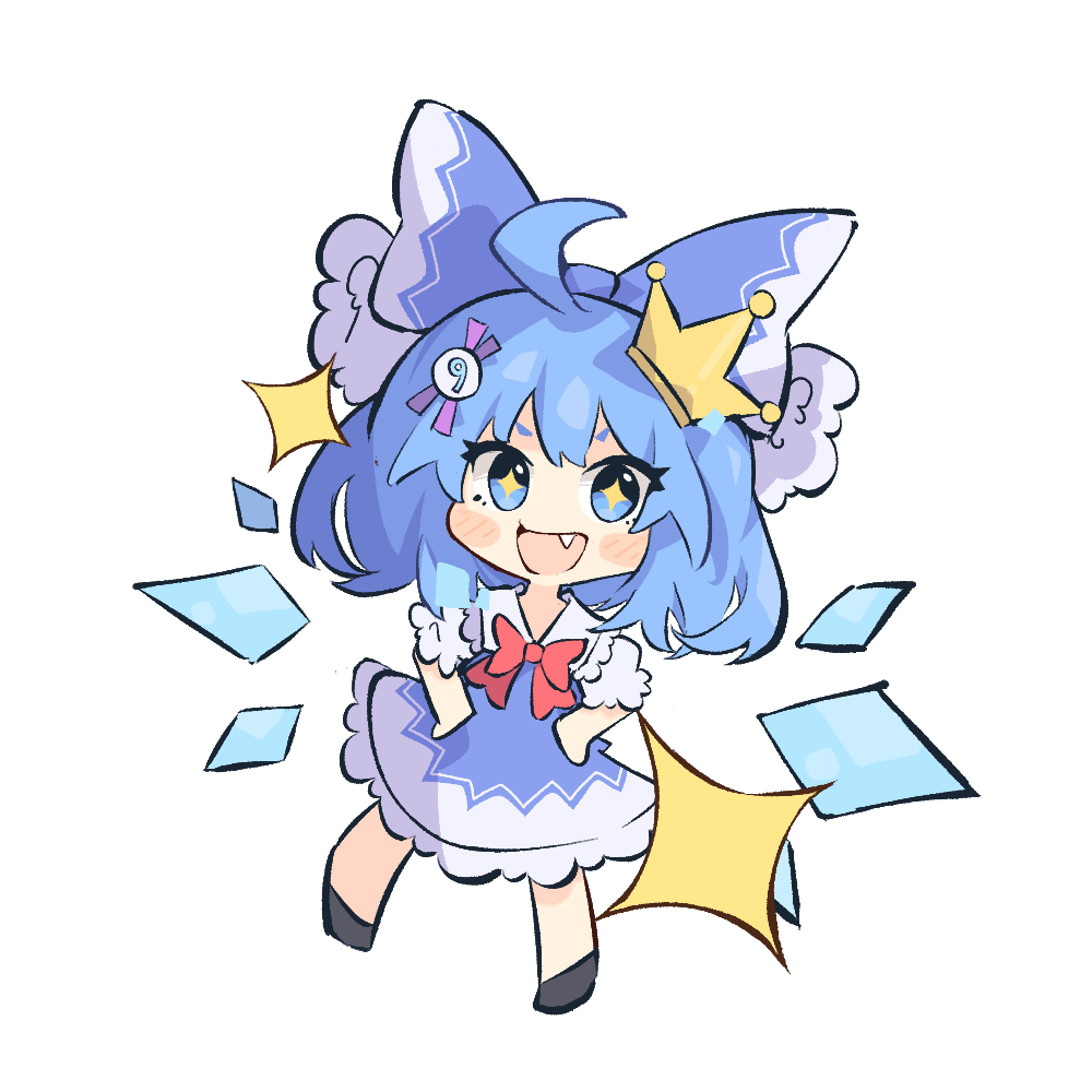 1girl ahoge blue_bow blue_dress blue_eyes blue_hair blush bow chibi circled_9 cirno crown detached_wings dress fairy_wings fang frilled_dress frills full_body hair_bow hair_ornament hands_on_own_hips ice ice_wings large_bow looking_at_viewer multicolored_clothes multicolored_dress open_mouth primsla short_hair sidelocks simple_background solo split_mouth star-shaped_pupils star_(symbol) symbol-shaped_pupils thick_eyebrows tongue touhou white_background white_bow white_dress wings