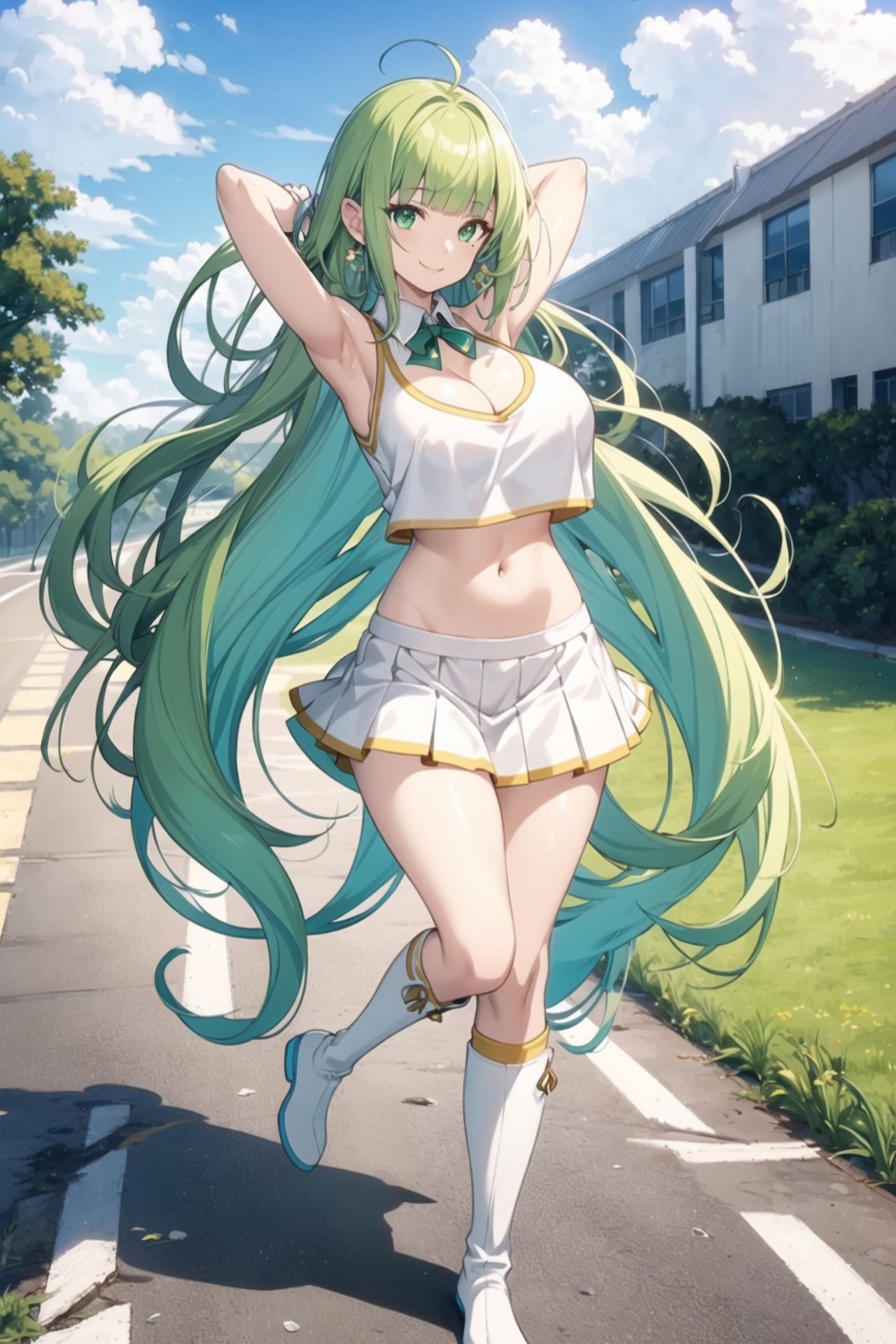 1girl ai-generated arm_behind_head arms_up blunt_bangs breasts detached_collar golf green_eyes green_hair highres large_breasts miniskirt navel outdoors skirt smile sportswear