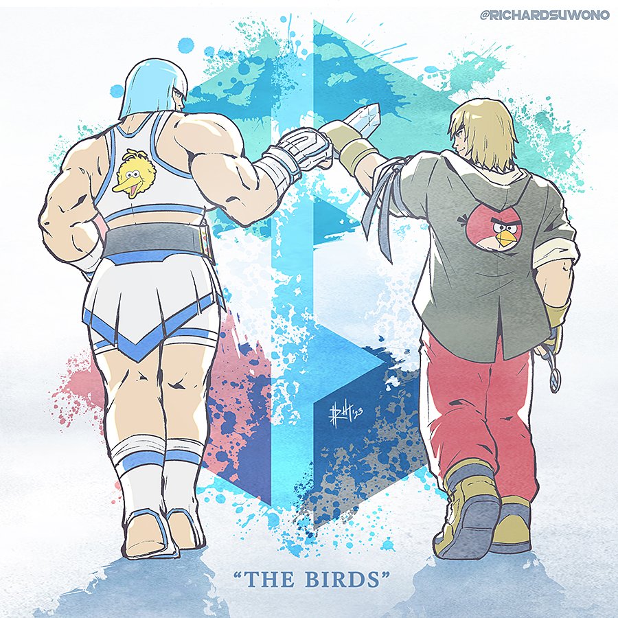 1boy 1girl angry_birds biceps big_bird_(sesame_street) blonde_hair blue_hair character_print crop_top evolution_championship_series fist_bump jacket ken_masters marisa_(street_fighter) muscular muscular_female official_alternate_color red_(among_us) richard_suwono sesame_street shorts shorts_under_skirt skirt street_fighter street_fighter_6 trophy