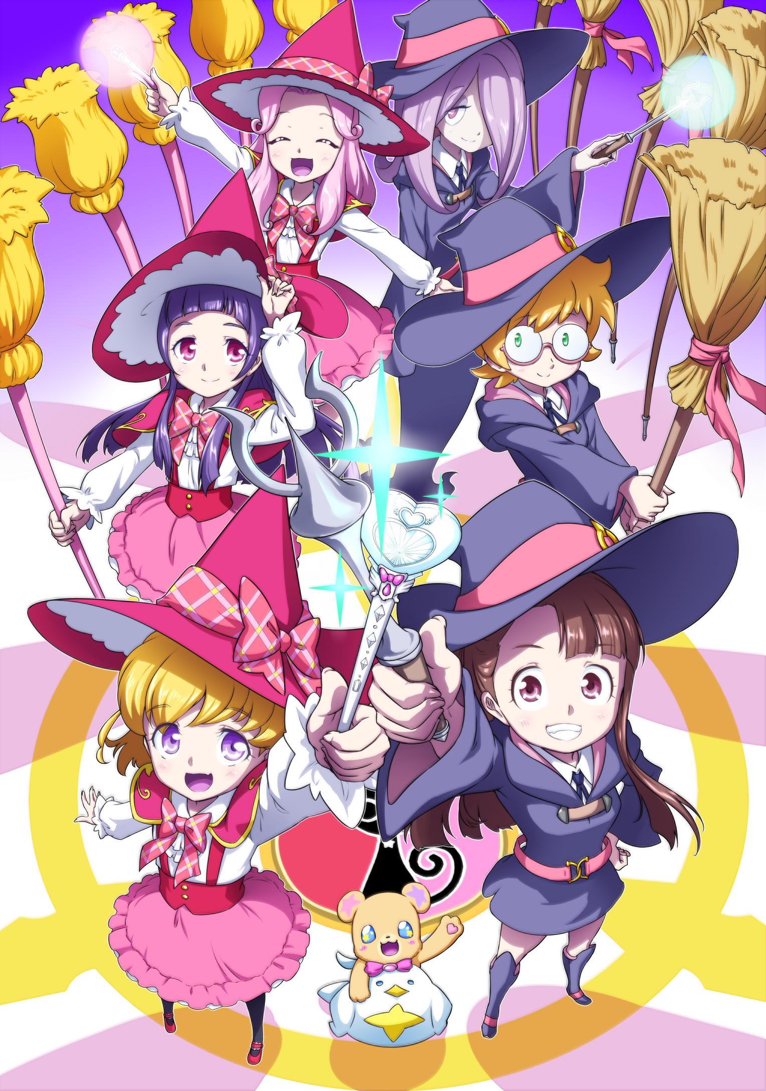 6+girls :d asahina_mirai blonde_hair broom brown_hair closed_eyes commentary_request crossover dress eyelashes glasses gradient_background green_eyes hanami_kotoha happy hat highres holding holding_broom izayoi_liko kagari_atsuko little_witch_academia looking_at_viewer lotte_jansson magical_girl mahou_girls_precure! matatabi_(karukan222) mofurun_(mahou_girls_precure!) multiple_girls open_mouth pink_eyes pink_headwear precure purple_eyes purple_hair shoes smile socks standing sucy_manbavaran trait_connection wand witch witch_hat