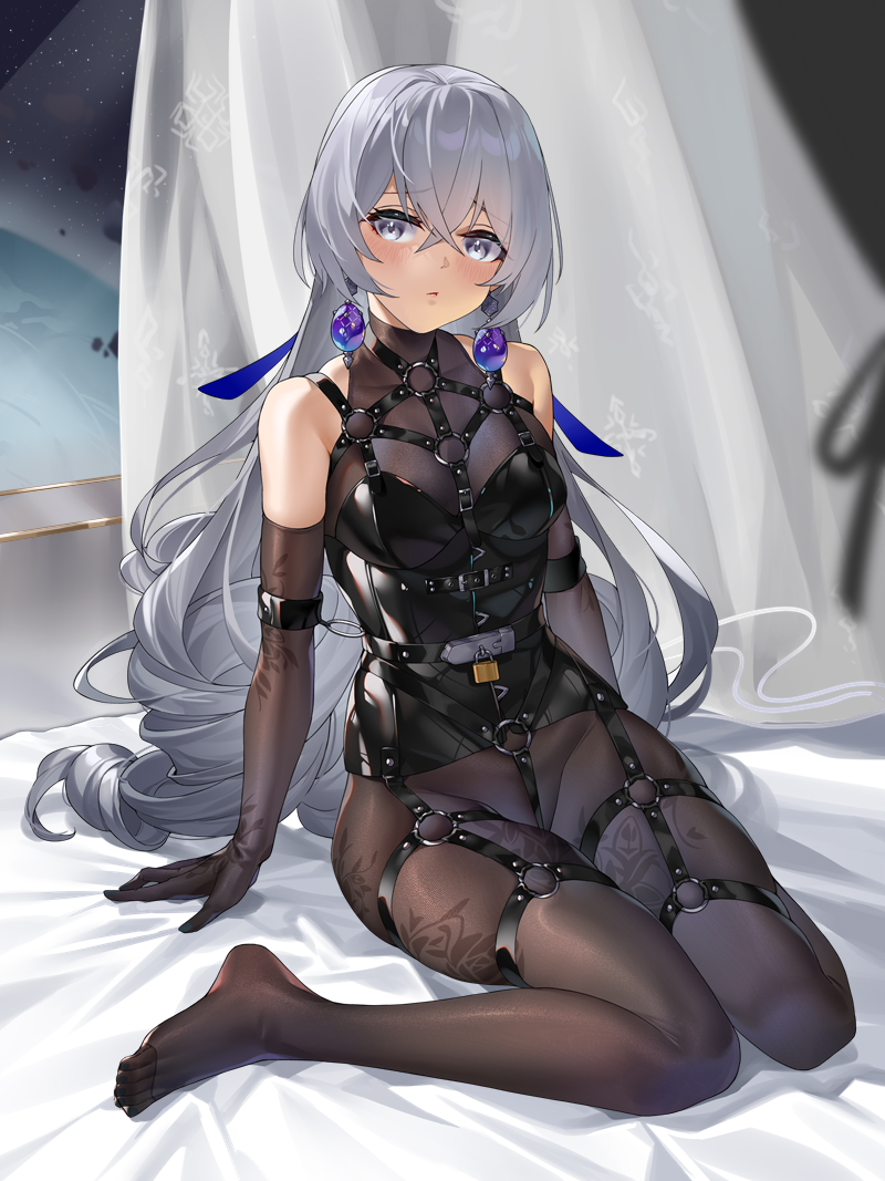 1girl bare_shoulders black_gloves black_pantyhose blush bronya_rand drill_hair earrings elbow_gloves full_body ginklaga gloves grey_eyes grey_hair hair_ribbon harness honkai:_star_rail honkai_(series) jewelry lock long_hair looking_at_viewer no_shoes padlock pantyhose ribbon sitting skindentation solo very_long_hair wariza