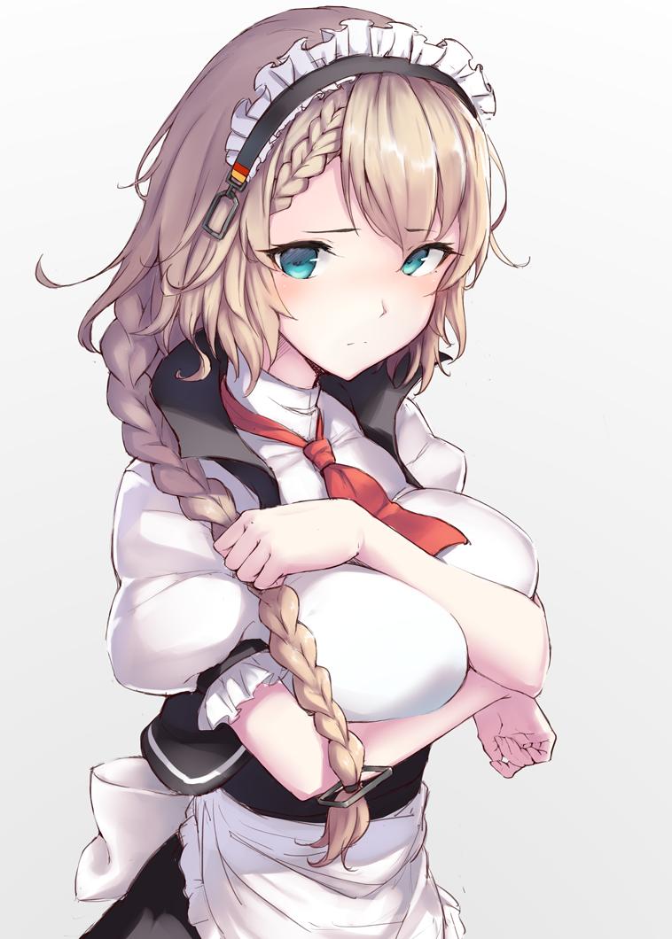 1girl apron aqua_eyes arm_between_breasts arm_under_breasts asymmetrical_bangs asymmetrical_hair between_breasts blonde_hair blush braid braided_ponytail breasts clenched_hand closed_mouth embarrassed eyelashes french_braid frilled_sleeves frills g36_(girls'_frontline) girls'_frontline gradient_background grey_background hair_over_shoulder hand_up large_breasts long_hair looking_at_viewer maid maid_apron maid_headdress multiple_braids necktie puffy_sleeves red_necktie ryuinu short_necktie short_sleeves solo upper_body