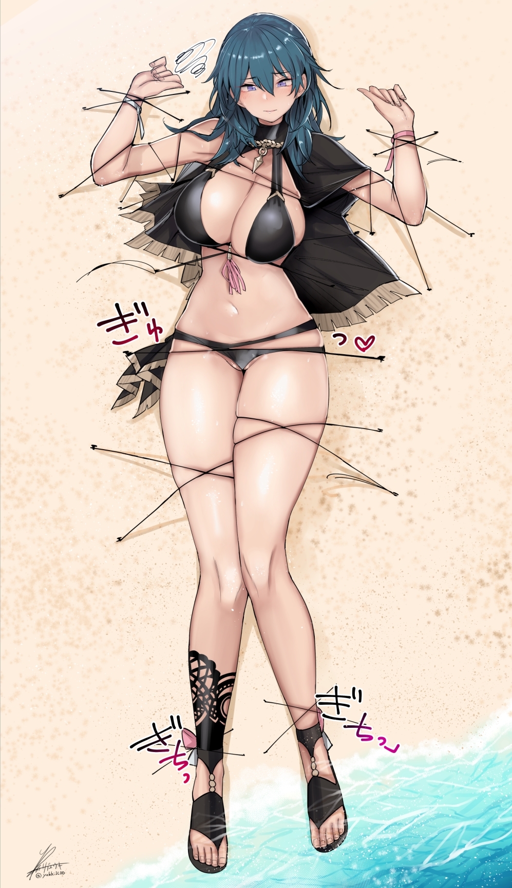 1girl asymmetrical_footwear bdsm beach bikini black_bikini black_capelet black_footwear blue_eyes blue_hair blush bondage bound breasts byleth_(female)_(fire_emblem) byleth_(female)_(summer)_(fire_emblem) byleth_(fire_emblem) capelet closed_mouth commentary_request feet fire_emblem fire_emblem:_three_houses fire_emblem_heroes frilled_capelet frills from_above full_body hair_between_eyes hands_up highres knees_together_feet_apart large_breasts legs long_hair long_legs looking_at_viewer lying navel official_alternate_costume on_back outdoors partially_visible_vulva restrained rib:y(uhki) sandals shiny_skin sidelocks signature skindentation solo swimsuit thighs toenails toes twitter_username water